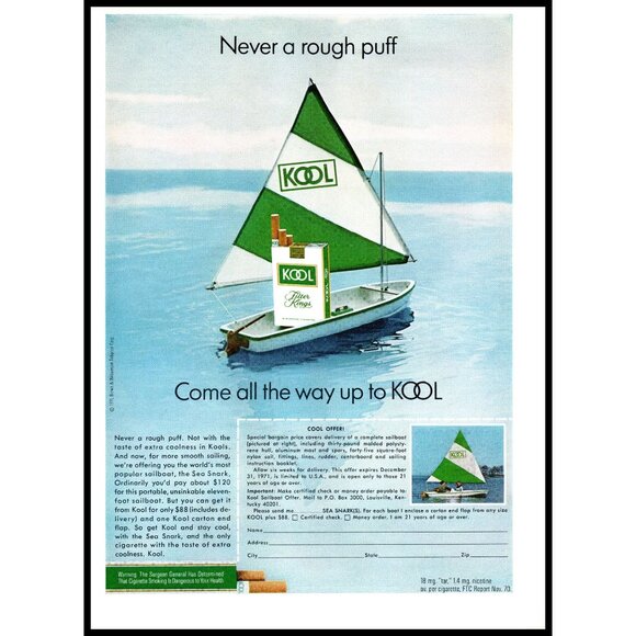 1971 Kool Cigarettes Vintage Print Ad Sailboat Kit Green White Sailing Wall Art - Picture 1 of 2